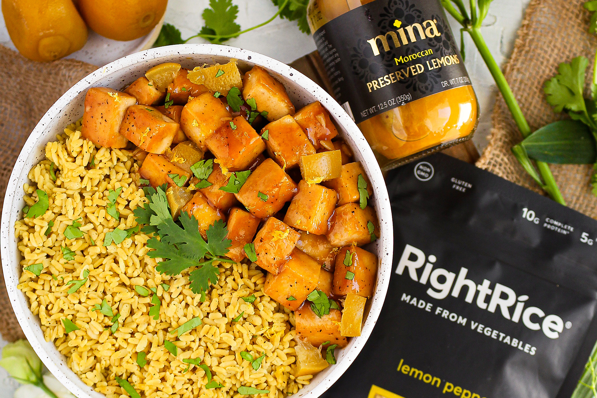 Lemon Glazed Tofu with Lemon Pepper Veggie Rice
