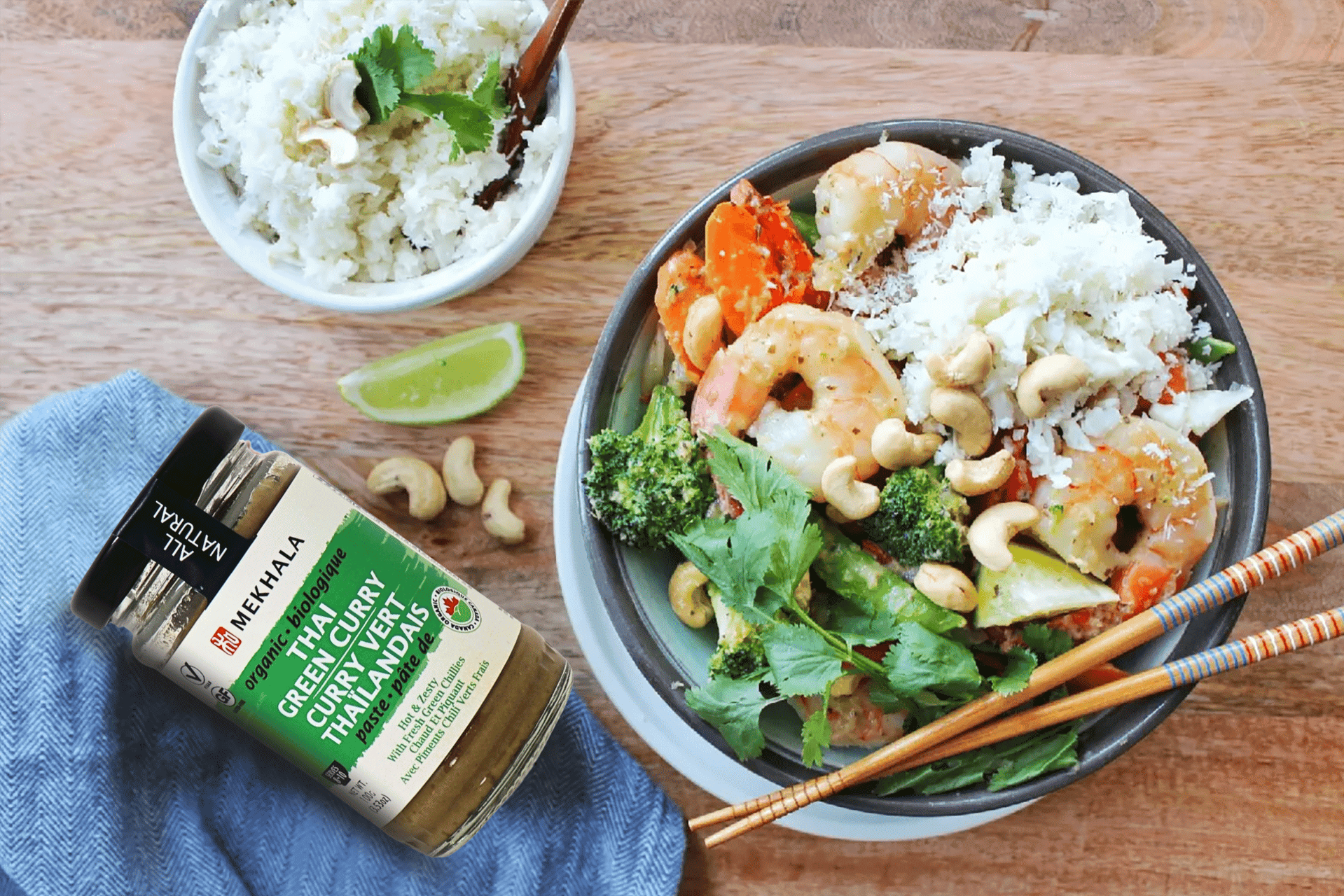 Thai Green Curry Stir-fry with Shrimp and Coconut Cauliflower Rice   