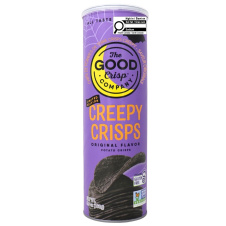 Front of The Good Crisp Company Creepy Crisps Halloween Potato Chips Black Chips Black Snacks