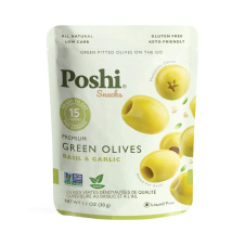 Front of Poshi Premium Green Pitted Olives with Basil & Garlic - Olives For Charcuterie Boards - Pitted Green Olives - Low Calorie Olives