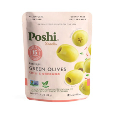 Front of Poshi Premium Green Pitted Olives with Chili & Oregano - Olives For Charcuterie Boards - Pitted Green Olives - Low Calorie Olives
