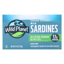 Front of Wild Planet Non-GMO Wild Sardines in Extra Virgin Olive Oil Lightly Smoked, 125g