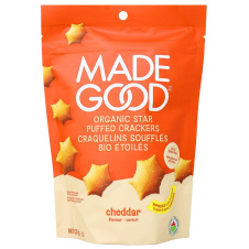 Front of MadeGood Gluten-Free & Organic Star Puffed Crackers Cheddar - Baby Crackers - Kids Crackers -Crackers - Gluten Free Crackers