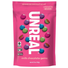 Front of Unreal Milk Chocolate Gems - Fair trade chocolate canada - 
Healthy chocolate candy options - Healthy chocolate