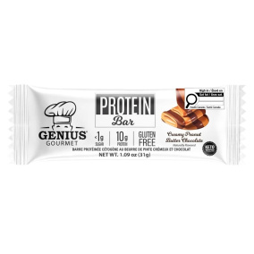 Front of Genius Gourmet Keto Bars Creamy Peanut Butter Chocolate Protein Bar