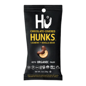 Front of Hu Kitchen Hunks Chocolate Covered Cashews + Vanilla Bean