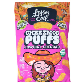 Lesser Evil Cheezmos Organic Cheese Puffs Cowgirl Cheddar Front of bag