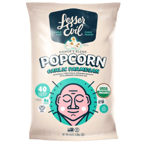 Front of Lesser Evil Organic Popcorn Homer's Blend Garlic Parmesan Popcorn