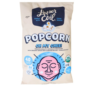 Front of Lesser Evil Organic Popcorn Oh My Ghee - Vegan Popcorn - Gluten Free Popcorn - Popcorn Bag