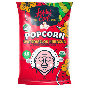 Front of Lesser Evil Organic Popcorn Watermelon Hibiscus - Vegan Popcorn - Gluten Free Popcorn - Made with Real Fruit Popcorn