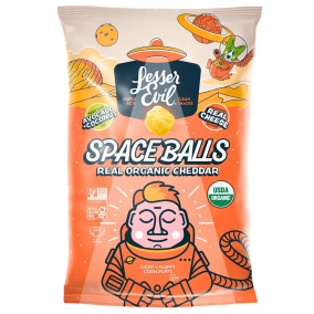 Front of Lesser Evil Organic Corn Puffs Space Balls Real Cheddar - Corn Puffs - Puffs Chips - Gluten Free Corn Puffs