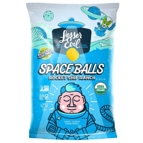 Front of Lesser Evil Space Balls Organic Gluten-Free Corn Puff Snacks Vegan Ranch Chips With Avocado Oil - Corn Puffs - Gluten Free Corn Puffs - Vegan Ranch Chips