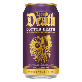 Front of Liquid Death Sparkling Water Doctor Death - Liquid Death Sparkling Water - Low Calories Drink - Liquid Death Mountain Water
