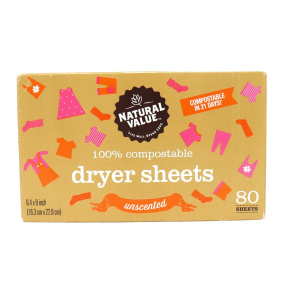 Natural Value Compostable Dryer Sheets Unscented, 80 Sheets