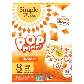 Front of Simple Mills Cheddar Pop Mmms Baked Crackers Snack Pack - Simple Mills Crackers - Vegetable Crackers - Gluten Free Crackers