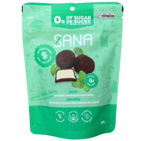 Front of Sana No Added Sugar Dark Chocolatey Bites Mint