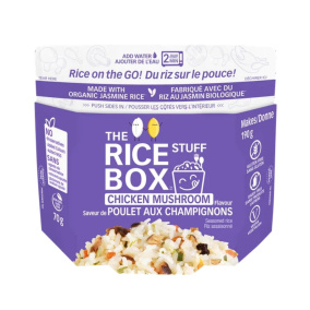 Front of The Rice Stuff Box Instant Seasoned Rice- Microwavable Rice - Chicken Mushroom Rice