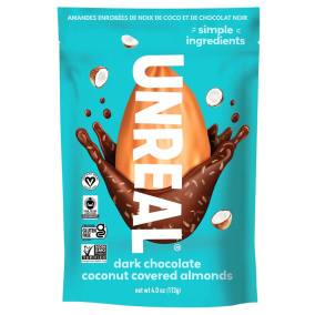 Front of Unreal Dark Chocolate Coconut Almonds Dark Chocolate Covered Almonds - Dark Chocolate Almonds - Almonds With Dark Chocolate