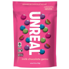 Front of Unreal Milk Chocolate Gems - Fair trade chocolate canada -
Healthy chocolate candy options - Healthy chocolate
