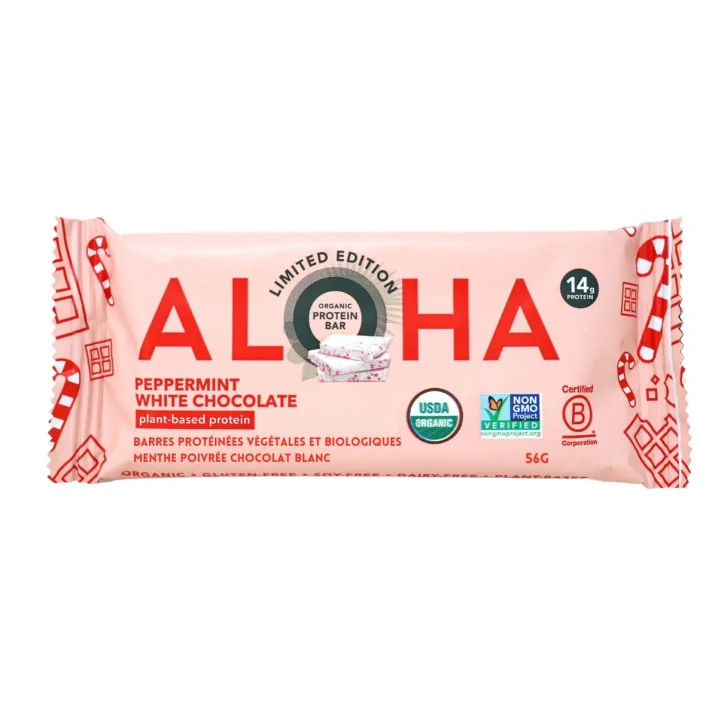 Front of ALOHA Protein Bars Peppermint White Chocolate Gluten-Free Organic Plant-Based Protein Bar