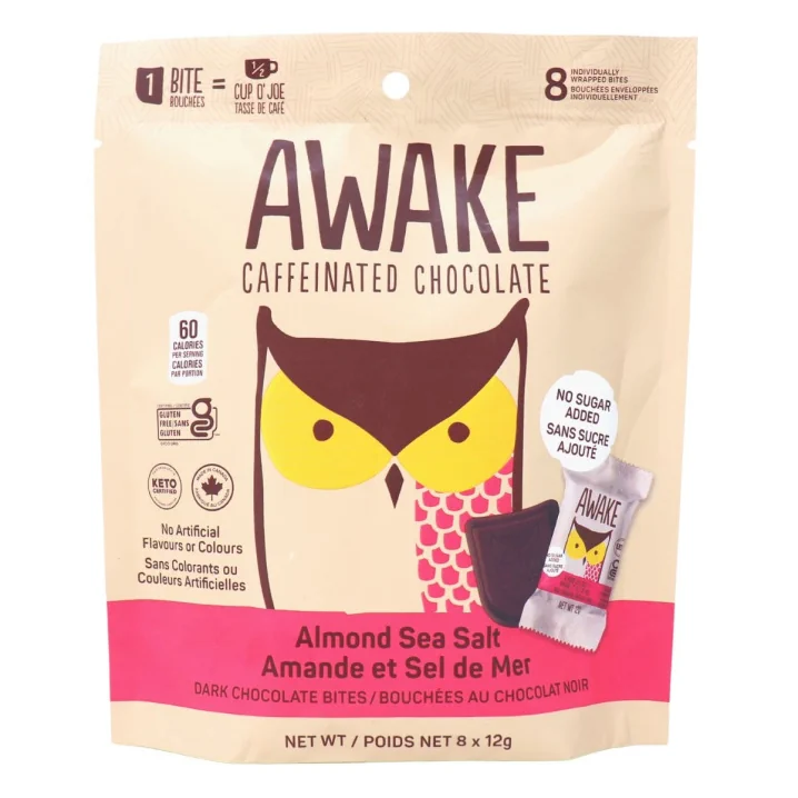Front of Awake Caffeinated Chocolate Keto Dark Chocolate Almond Sea Salt No Added Sugar Chocolate With Caffeine