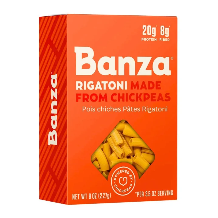 Front of Banza Chickpea Pasta Protein Pasta Rigatoni Pasta - Protein Pasta Canada - High Protein Pasta - High Protein Noodles