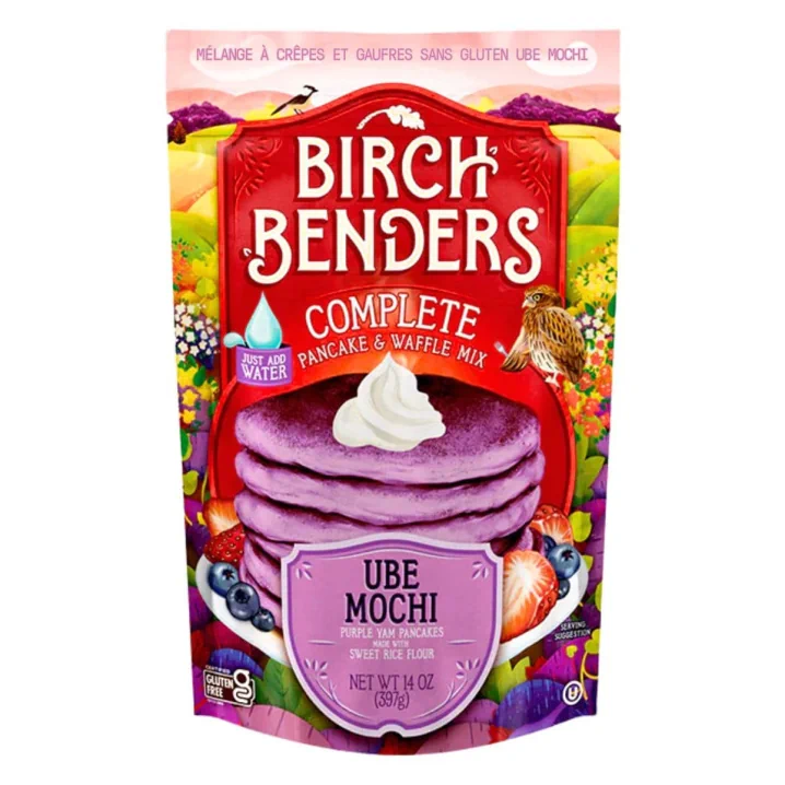 Front of Birch Benders Gluten-Free Pancake & Waffle Mix Ube Mochi - Purple Yam Pancakes - Ube Pancakes Gluten Free