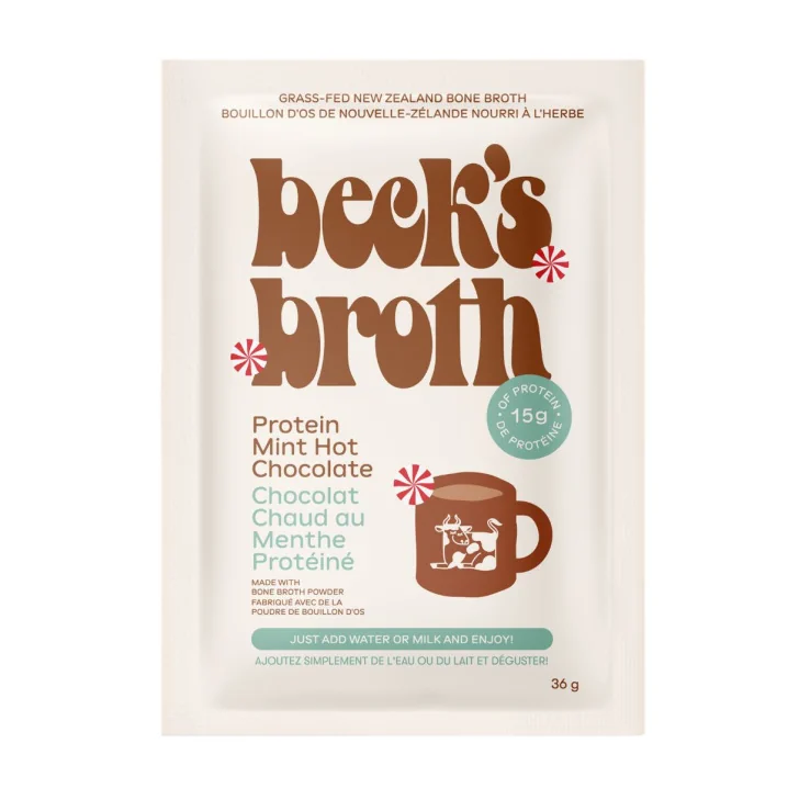 Front of Beck’s Broth Bone Broth Powder Protein Mint Hot Chocolate Canada - Bone Broth Protein - Winter Drinks - Comforting Mint Drinks