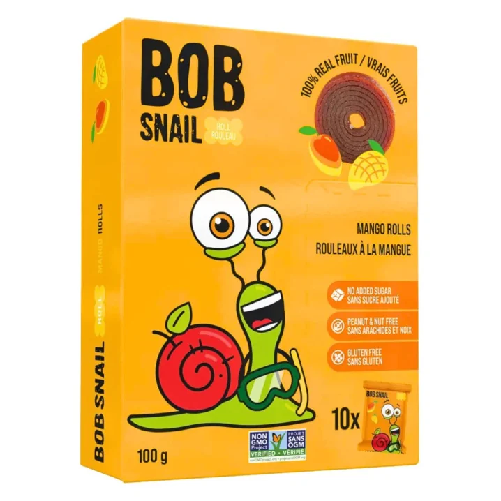 Front of Bob Snail Natural Dried Fruit Snack Healthy Fruit Roll Ups Mango Fruit Leather