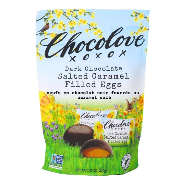 Front of Chocolove XO Dark Chocolate Salted Caramel Filled Eggs