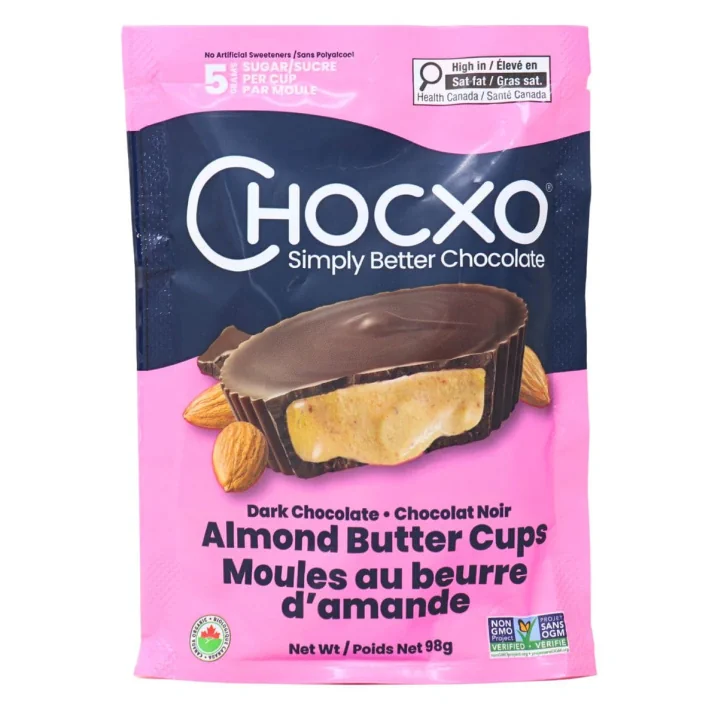 Front of ChocXO Almond Butter Cups Dark Chocolate - Reese's cups alternatives - Less Sugar Almond butter cups - Dark chocolate