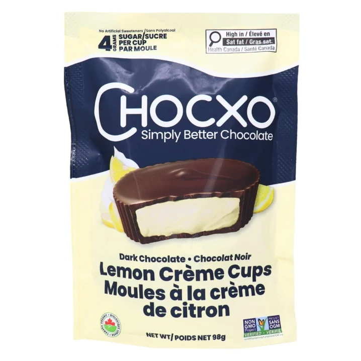Front of ChocXO Dark Chocolate Lemon Creme Cups - Low Sugar Chocolates - Chocxo Lemon, Lemon Chocolate - Chocxo Dark Chocolate