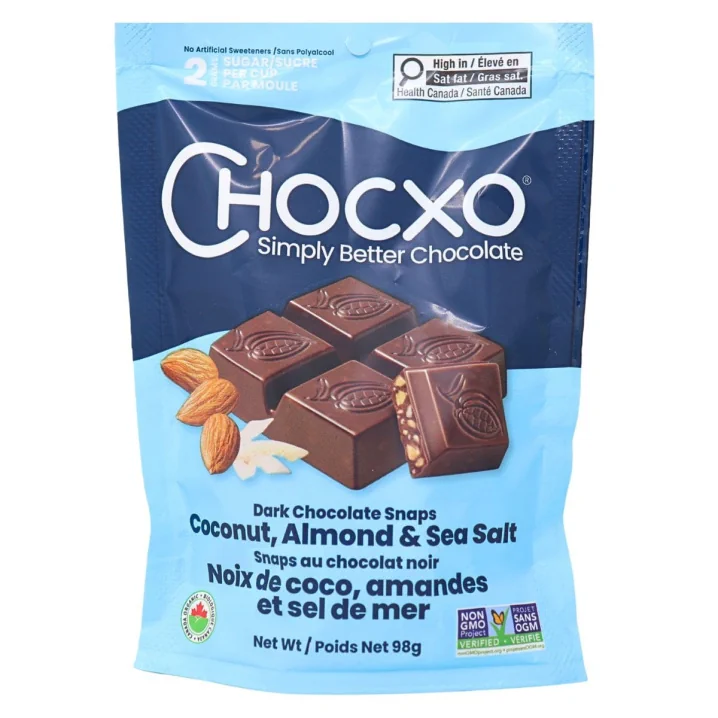 Front of ChocXO 85% Dark Chocolate Snaps Coconut, Almonds & Sea Salt - Gluten Free Chocolate Snacks - Less Sugar Snacks To-Go, Chocolate Organic