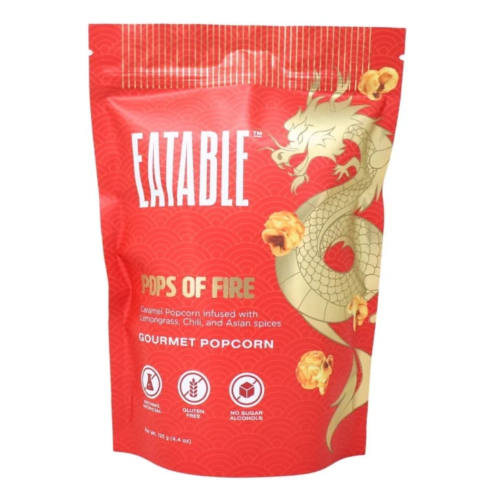 Front of EATABLEs Gourmet Popcorn Pops Of Fire Sweet And Salty Caramel Popcorn