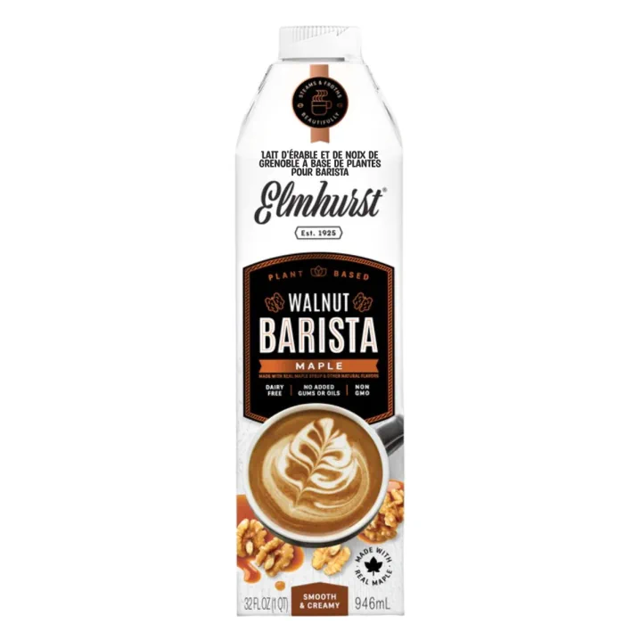Front of Elmhurst Plant-Based Maple Walnut Barista Edition -  Vegan Barista Milk - Barista Alternative Milk - Walnut Milk Coffee