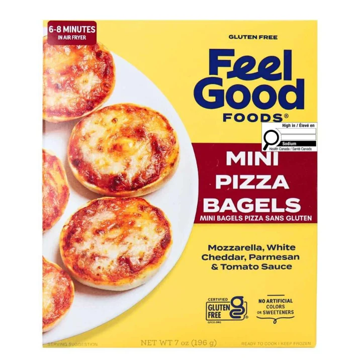 Front of Feel Good Foods Gluten-Free Mini Plain Pizza Bagels - Gluten Free Bagels - Gluten-Free Bagel - Pizza Bagels