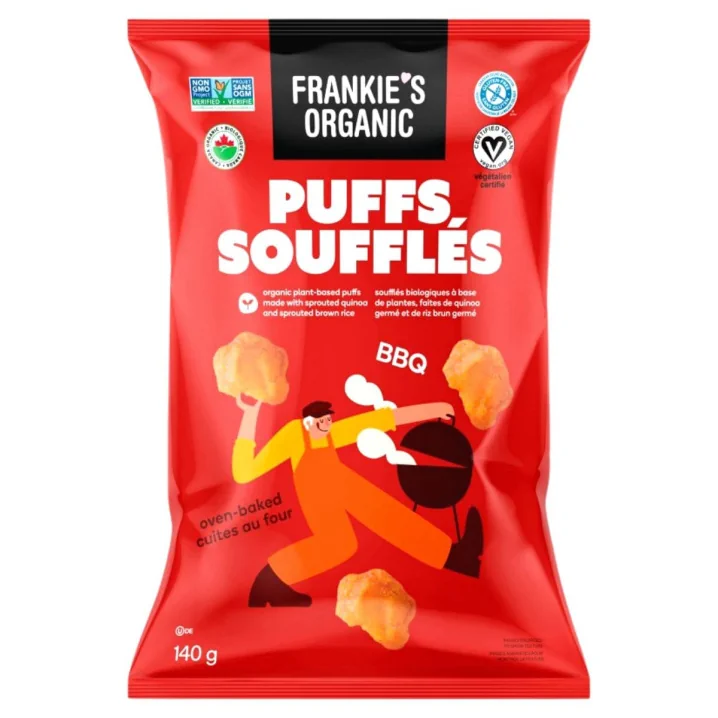 Front of Frankie’s Organic Gluten-Free Oven-Baked Puffs BBQ - Quinoa Chips - Gluten Free Chips Canada - Puffed Snacks