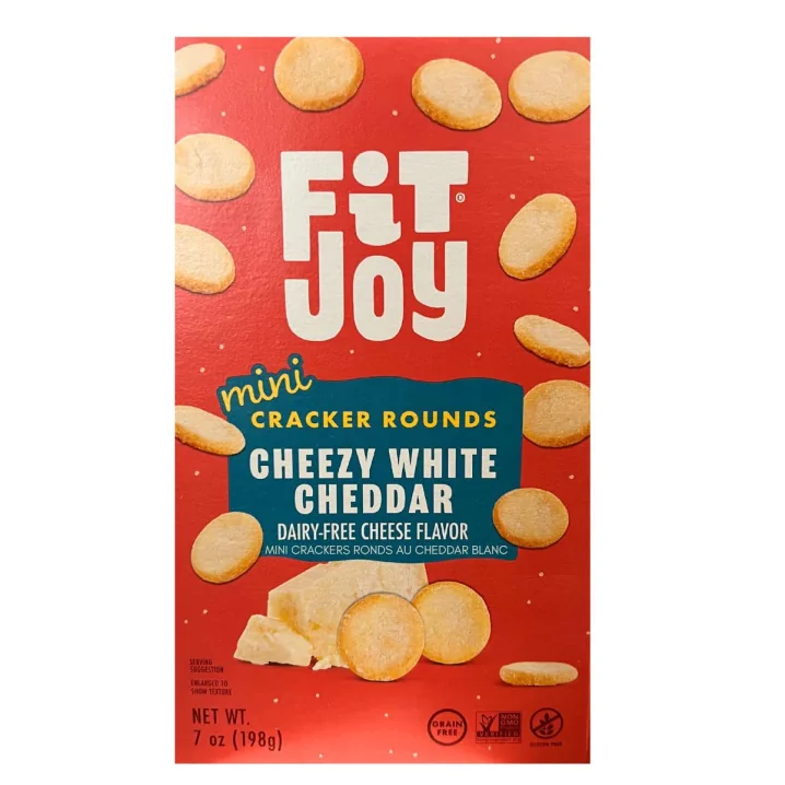 Front of FitJoy Dairy & Grain Free Mini Cracker Rounds Cheezy White Cheddar - Fitjoy Snacks Canada