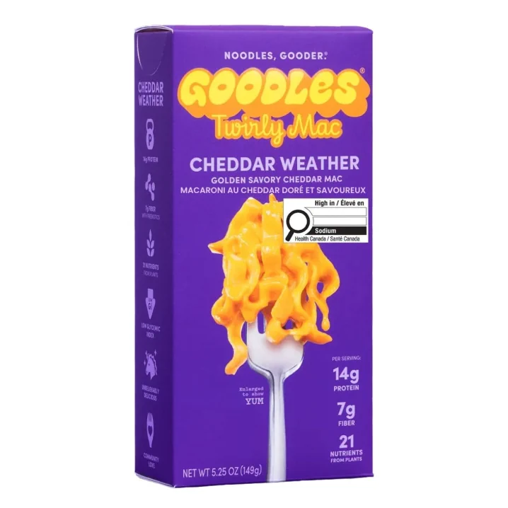 Goodles High Protein Twirly Mac & Cheese Cheddar Weather Front of box 