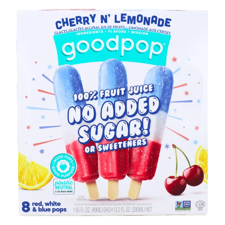 Goodpop Real Fruit Red White Blue Ice Pops Cherry n’ Lemonade, 8 Pops