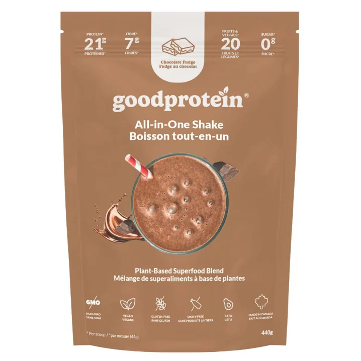Front of Good Protein - All In One Shake - Chocolate Vegan Protein Powder - Good Protein Powder - Superfood Protein Powder - Chocolate Fudge Protein Powder