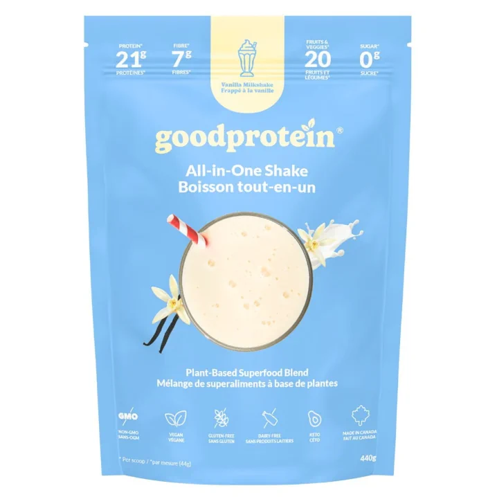 Front of Good Protein Powder - All In One Shake - Superfood Protein Powder - Vanilla Vegan Protein Powder - All In One Protein Powder - Vanilla Milkshake Good Protein