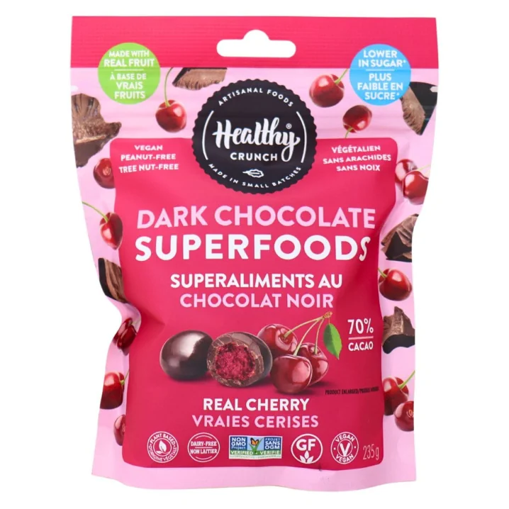 Front of Healthy Crunch Vegan Real Cherry Dark Chocolate Superfoods - Peanut and Tree Nut Free Dark Chocolate Cherry - Dairy Free Chocolate Cherries - Chocolate Covered Fruit