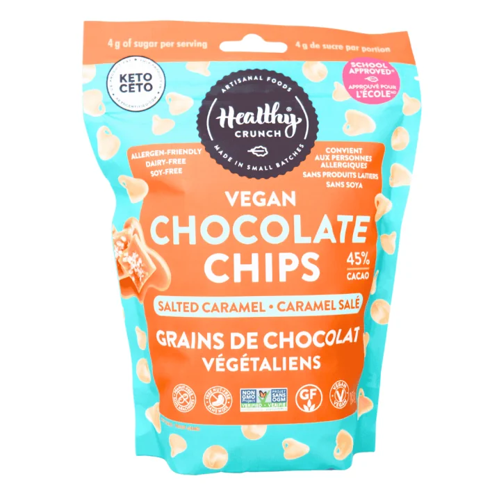 Healthy Crunch Vegan Chocolate Chips Salted Caramel, 283g - Vegan White Chocolate, Vegan Chips, Vegan White Chocolate Chips, Dairy Free Chips, Lactose Free Chocolate Chips, Non Dairy Chocolate Chips, Vegan Chocolate Chips Canada, Dairy Free Chocolate Chip