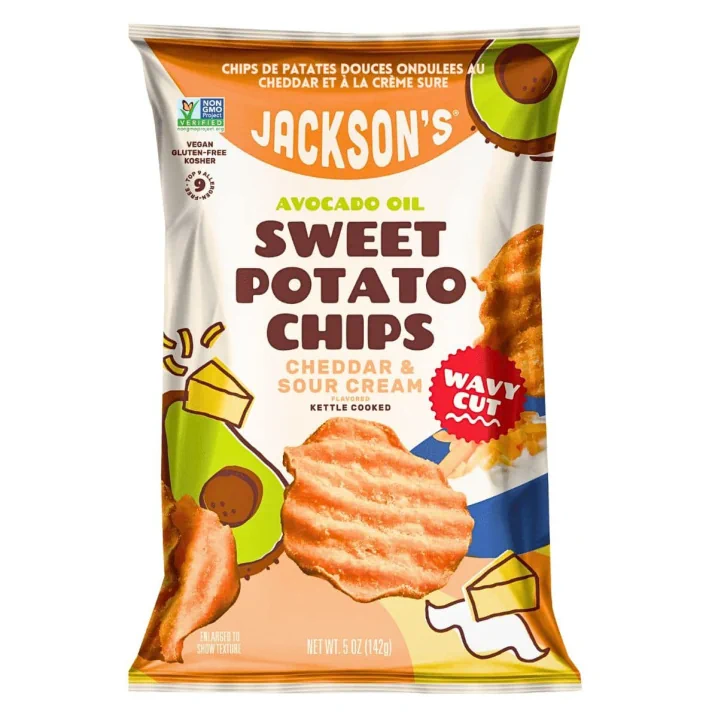 Front of Jackson's Sweet Potato Chips With Avocado Oil Vegan Cheddar Sour Cream - Healthy Sweet Potato Chips - Vegan Cheddar And Sour Cream Chips - Avocado Oil Chips