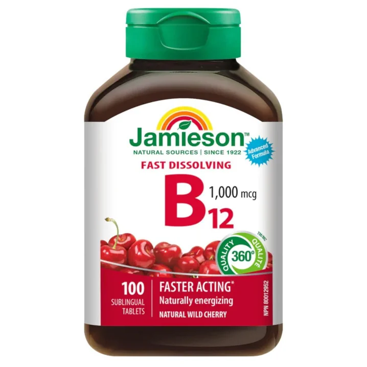 Front of Jamieson Vitamins Fast-Dissolving Vitamin B12 Natural Wild Cherry - Vitamin B12 Dosage For Seniors - Vitamin B12 Benefits - When To Take Vitamin B12