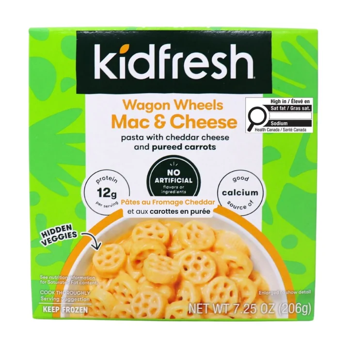 Kidfresh Protein Wagon Wheels Mac & Cheese Front of box