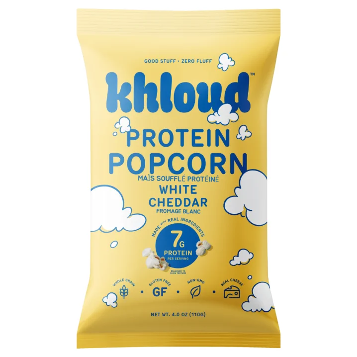 Front of Khloud Protein Popcorn White Cheddar - Khloud Popcorn In Canada - Khloe Kardashian Popcorn In Canada