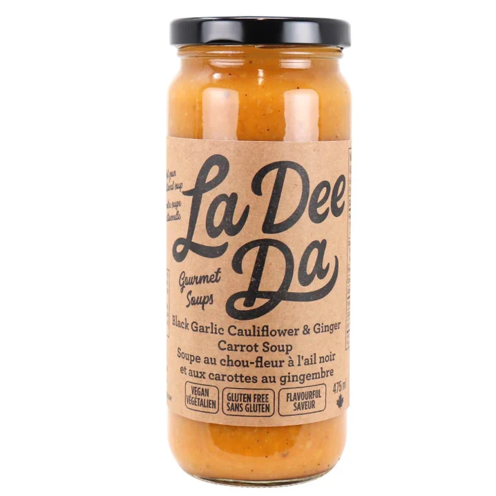 Front of La Dee Da Vegan Black Garlic Cauliflower & Ginger Carrot Soup, 475mL