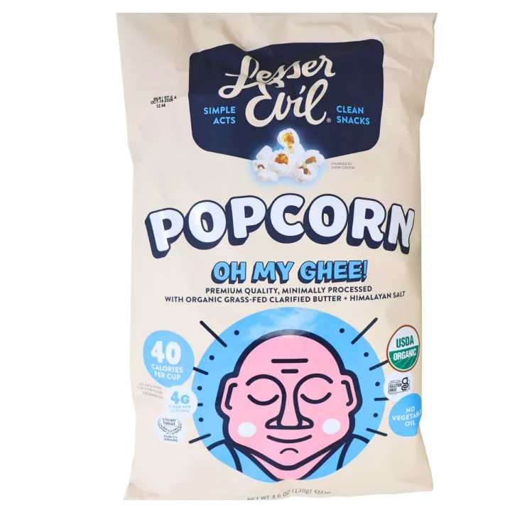 Front of Lesser Evil Organic Popcorn Oh My Ghee - Vegan Popcorn - Gluten Free Popcorn - Popcorn Bag